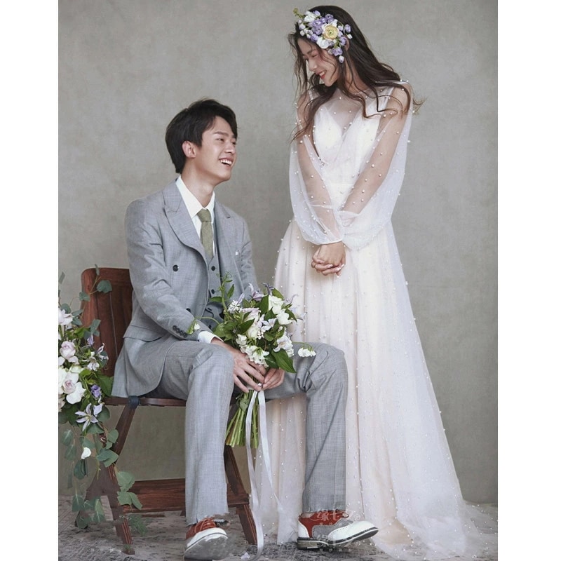 ウェディングドレス 二次会ドレス 長袖 パフスリーブ パール 可愛い 白 結婚式ドレス 二次会 ロングドレス Aライン チュールドレス ホワイトドレス 無地 海外挙式 XS S M L XL