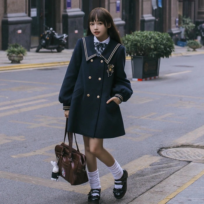 コート レディース ウール セーラー服 ロリータ アウター 春 秋 冬 学生 スクールコート 女子 JK 高校生 ウールコート 厚手 オリジナル 大きいサイズ 秋冬冬服 韓国ファッション シンプル 可