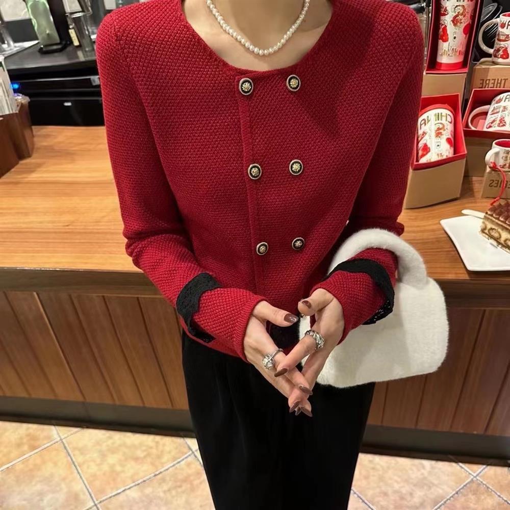 トップス アウター ニットソー セーター カーディガン プルオーバー ジャケット 上着 ショート ショート丈 袖あり 長袖 ラウンドネック 襟なし スリム タイト 細身 レース 前開き 厚手 お洒落