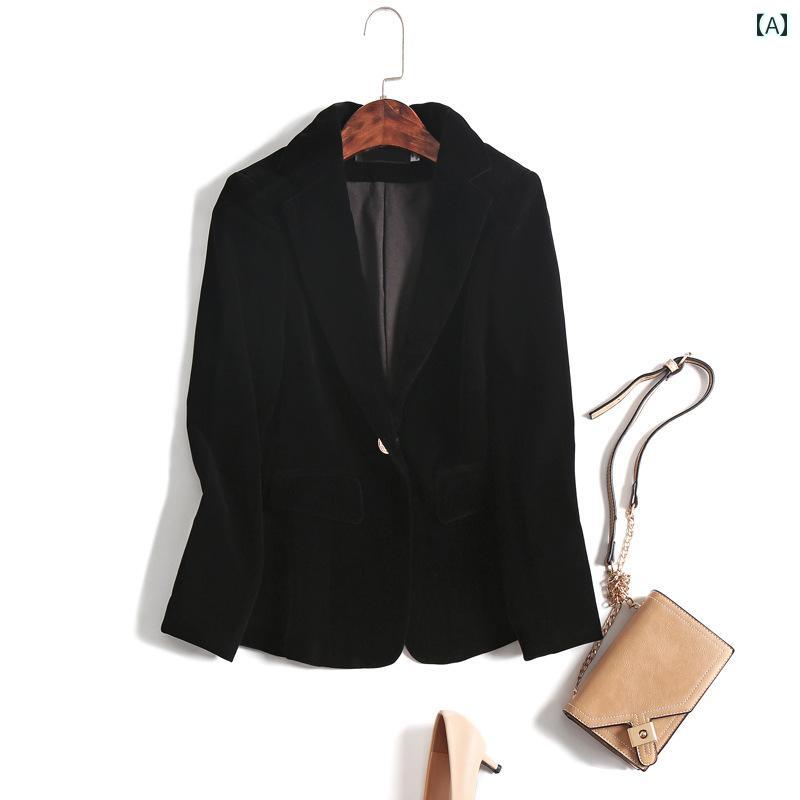 シューズ　スリッパ　カジュアル スリム ゴールド ベルベット 小さい スーツ レディース 秋 ファッション ワン ボタン カジュアル プロ ショート ジャケット