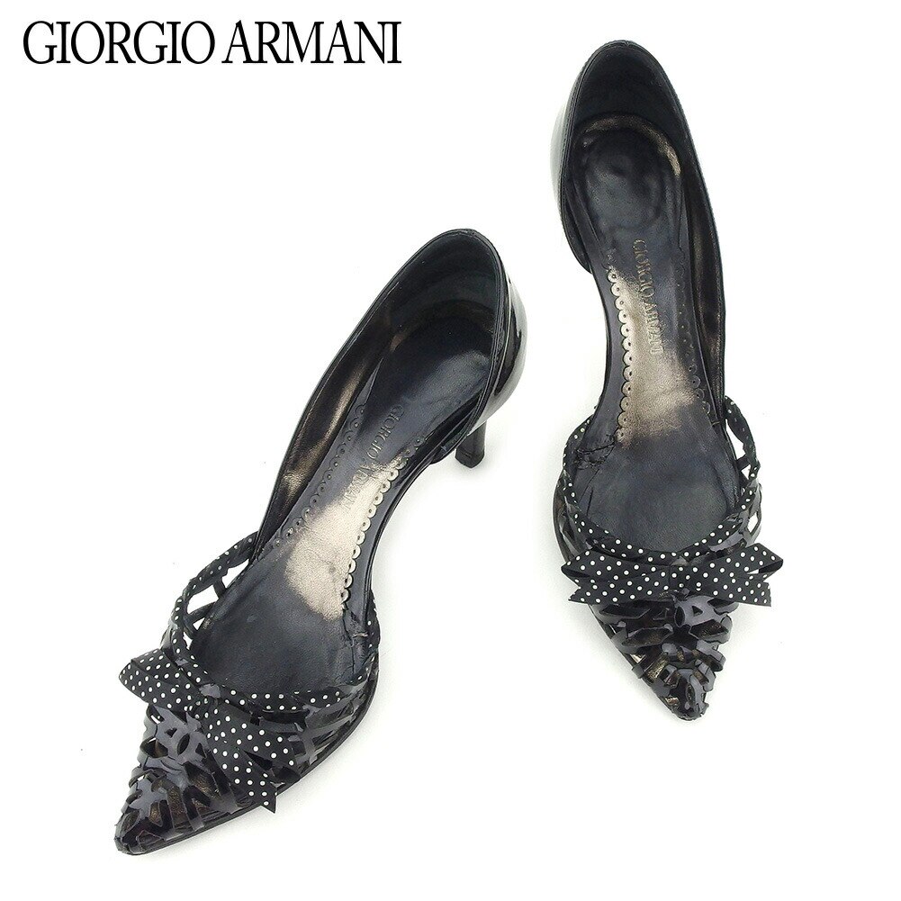 パンプス シューズ 靴 ドット柄リボン 34 セパレート ブラック ホワイト 白 中古