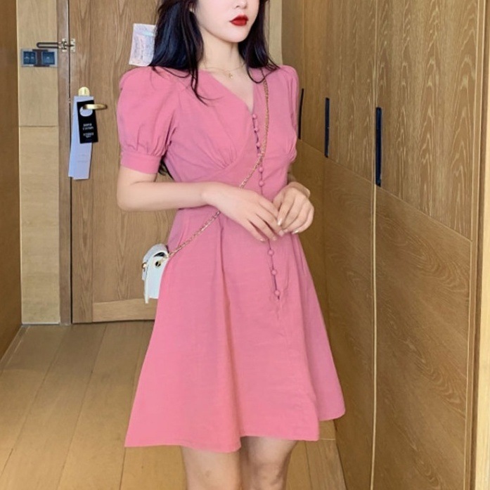 ワンピース ミニ ミニ丈 半袖 パフスリーブ セミフレア タイト 細身 Aライン スマート かわいい