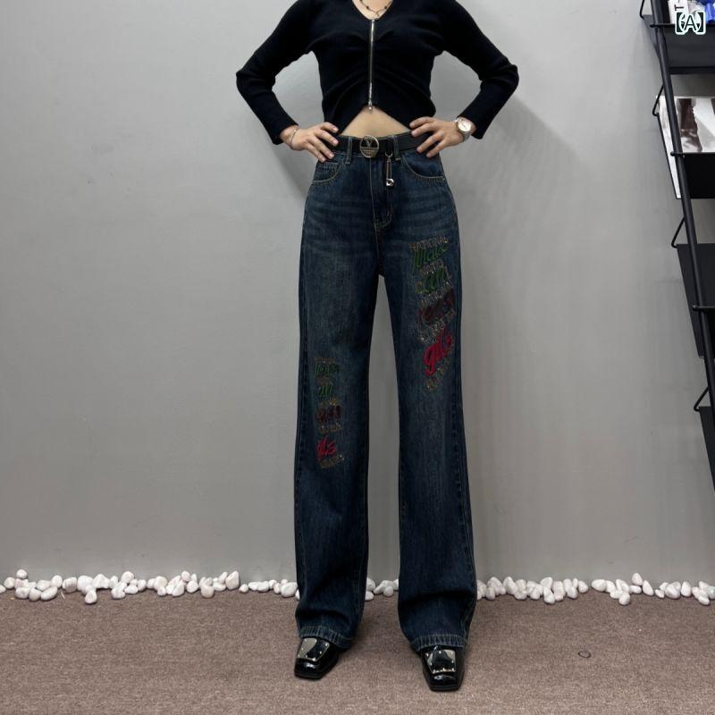 デニムパンツ レディース ジーンズ レトロ カジュアル 大きいサイズ 秋冬 ハイウエスト 裏起毛 暖かい ロゴ 刺繍 ワイドパンツ ストレート ハート