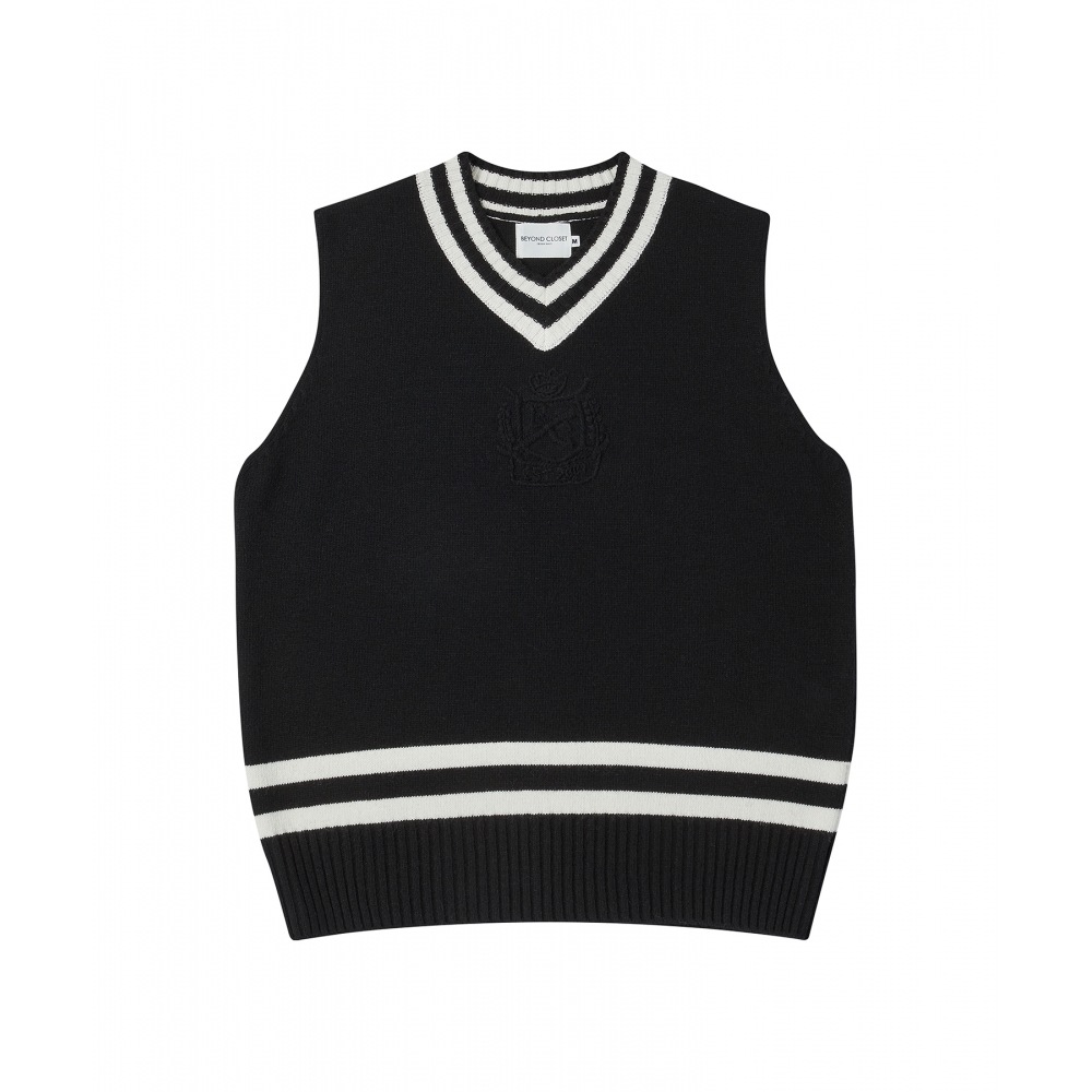 BEYOND CLOSETハンドニットプレッピーロゴVネックウールニットベストブラック
