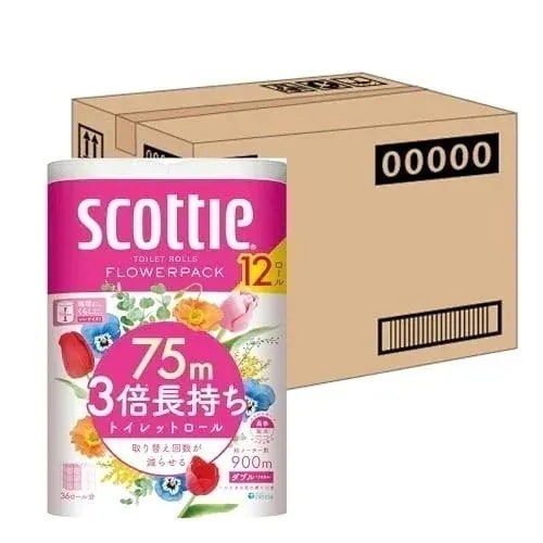 スコッティ 【ケース販売】 フラワーパック 3倍長持ち トイレット12ロール 75mダブル ホワイト ×4パック入り