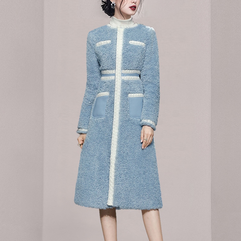 女装冬の新型丸襟小香風は腰A字の中の長い青い毛羽立ちのコートを収めます