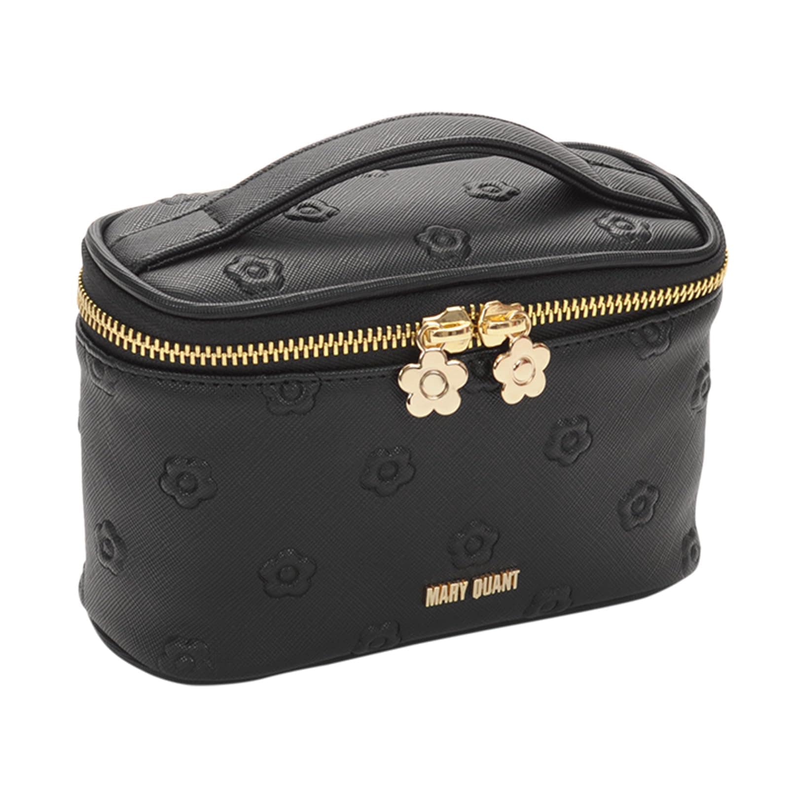 MARY QUANT(マリークヮント) シンプルエンボスデイジーバニティ H10×W16.5×D7cm持ち手12cm ブラック
