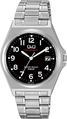 [キューアンドキュー] 腕時計 アナログ ソーラー 防水 日付 メタルバンド 黒 文字盤 H060-205 メンズ シルバー