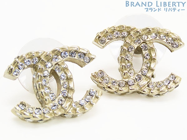 新品同様シャネルココマークストラスラインストーンピアスシャンパンゴールド