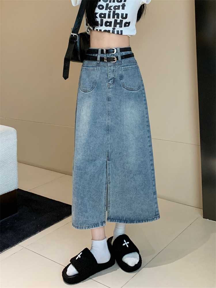 スカート デニムスカート ロング丈 ワイド ベルト ウエストマーク スリット デニム かわいい シンプル カジュアル 大人 おしゃれ アジアン 存在感 無地 オールシーズン レディース デート