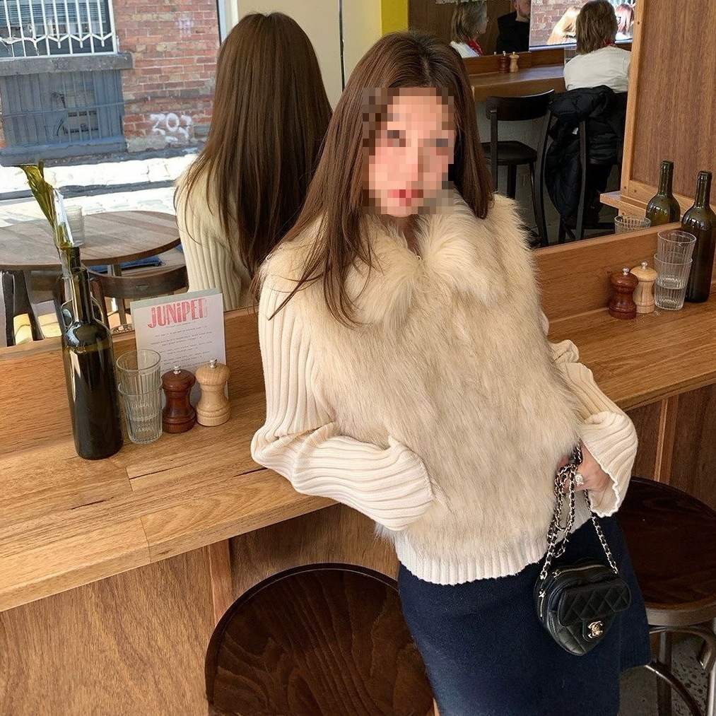 特染パッチワークファーコート ターンダウンカラー 一体ニット 厚手 ファー 目玉