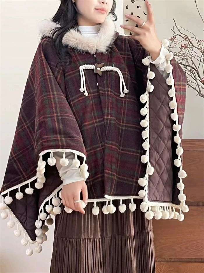ポンチョコート マント レディース 秋冬 中綿 あったか フード付き ポンチョ チェック柄 ケープ コート 中綿コート アウター 厚手 可愛い ゆったり 体型カバー 大人可愛い ガーリー 森ガール 暖