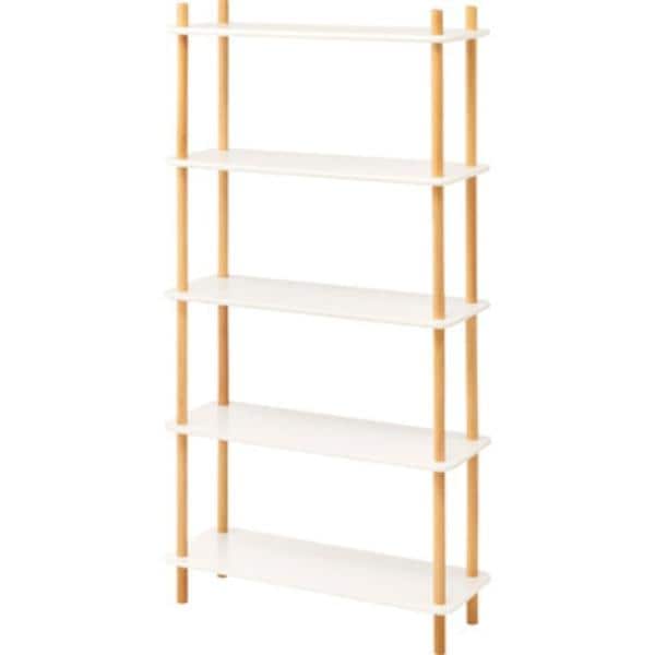 ホワイトの棚と天然木の支柱のオープンラック 5段 北欧 ナチュラル 収納家具 棚 ラック リビング
