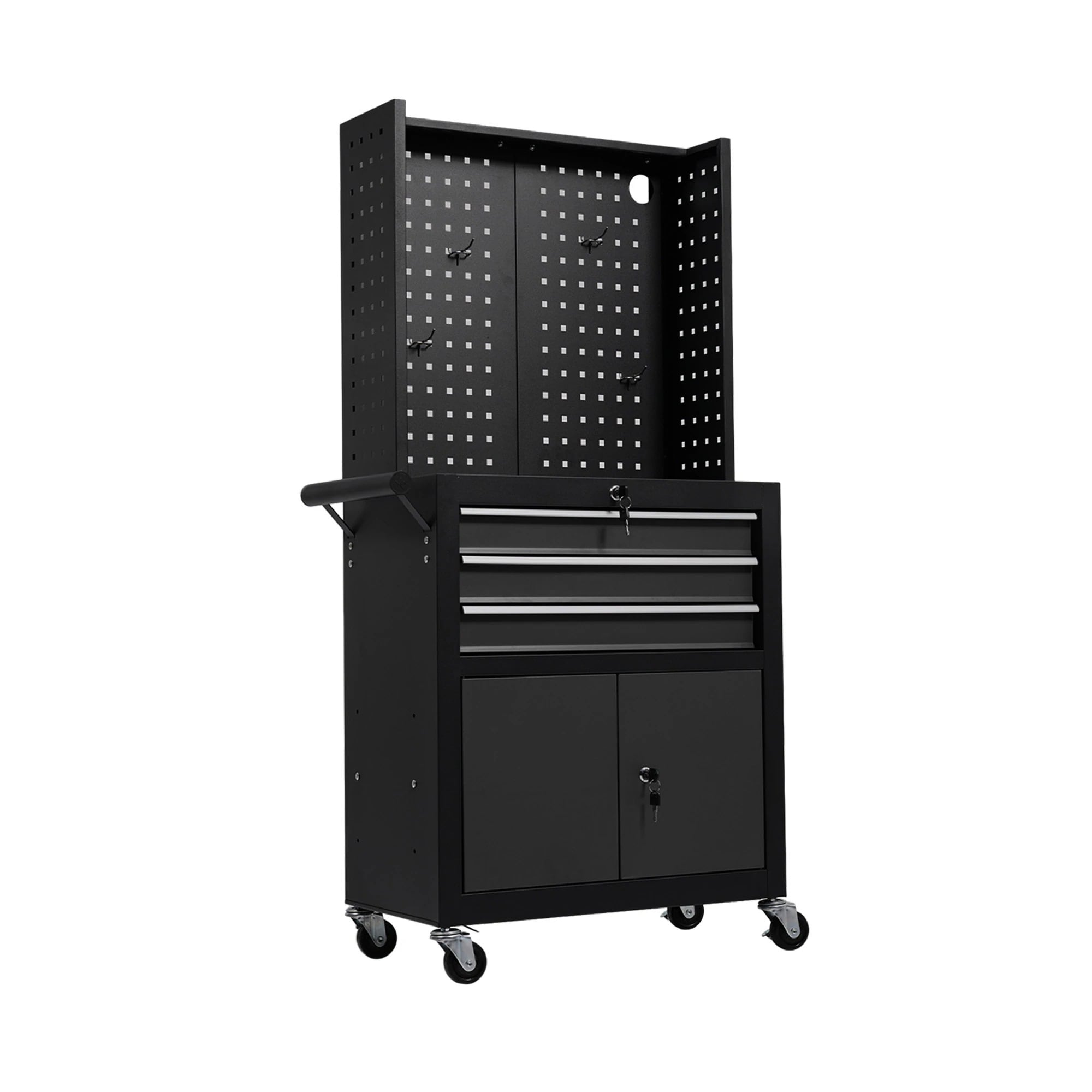 2049ツールキャビネット 多機能 ツールワゴン ツールカート工具カート ロールキャビネット スチール ローラーキャビネット ハンドル 耐荷重50KG フック付 DIY 引き出し 有孔ボード付き 鍵付