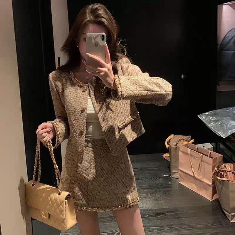 スーツツイードスパンコール長袖ショートジャケット女性の秋冬ドレスロールプレイングと冬の衣装ボディコンスカート2点セット