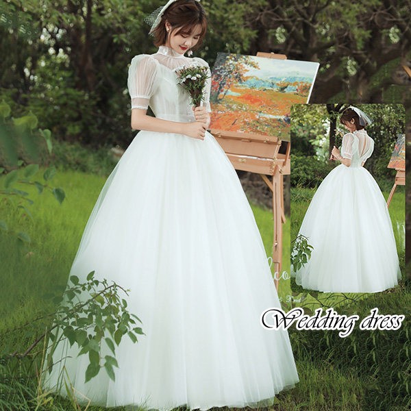 ウエディングドレス ドレス 二次会ドレス 半袖 透け感 ハイネック Aライン プリンセス ウエディング ドレス 花嫁ドレス ブライダル 花嫁 ウエディングドレス 演奏会 発表会 撮影用 お嫁さん