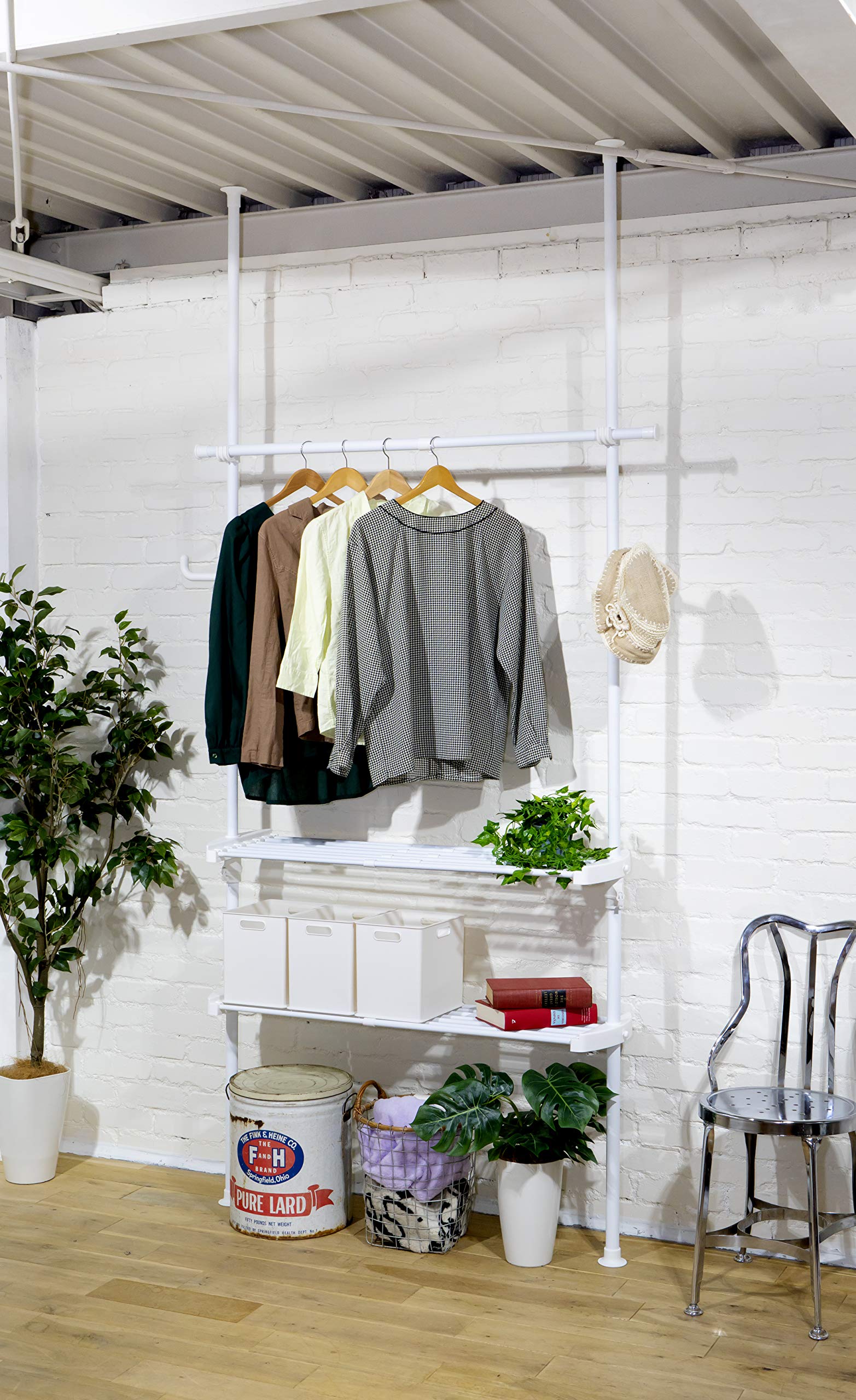 山善(YAMAZEN) 突っ張り ラック ポールハンガー ハンガーラック ワンタッチ突っ張り 縦横伸縮 (幅78-130×奥行32×高さ190-260cm) 収納棚 頑丈 衣類 収納 組立品 マットホ