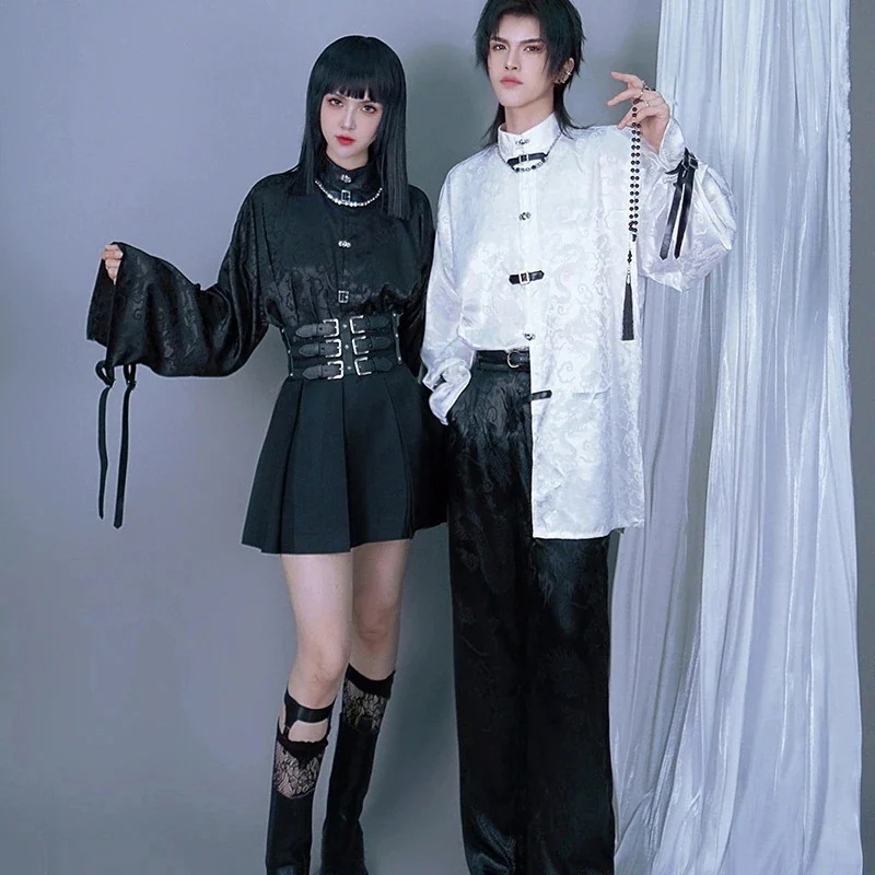 チャイナ風シャツ 長袖 龍紋ジャガード トップス ユニセックス スタンドカラー 改良漢服 レディース メンズ 黒白 モダン 男女兼用