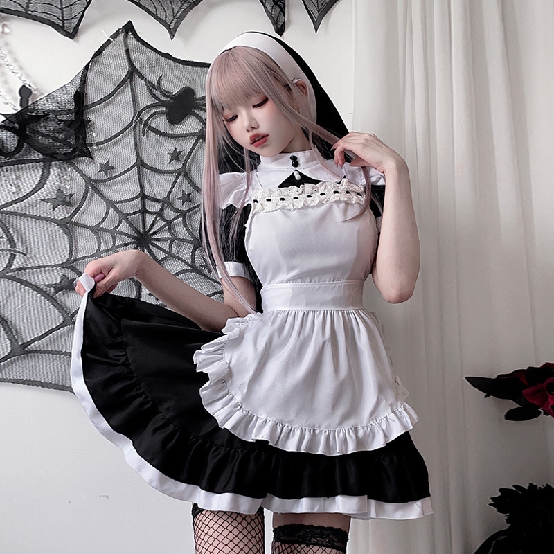 ダークゴシックハロウィン大人用コスチューム修道女コスチューム白黒メイドコスチュームプラスサイズの女性用セクシーメイドスカート制服