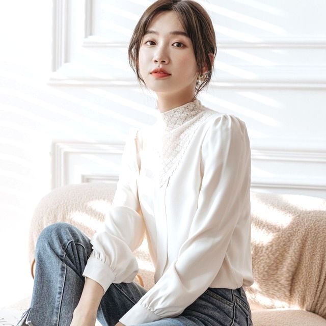 トップス シフォンシャツ ブラウス 白シャツ 白トップス 袖あり タートルネック かわいい