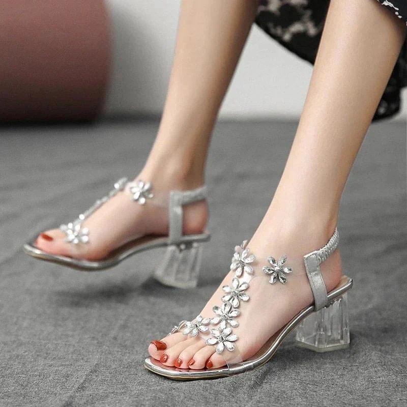 3色 ファッションサンダルレディース 夏 フラワーラインストーン厚手のヒール シングルベルト