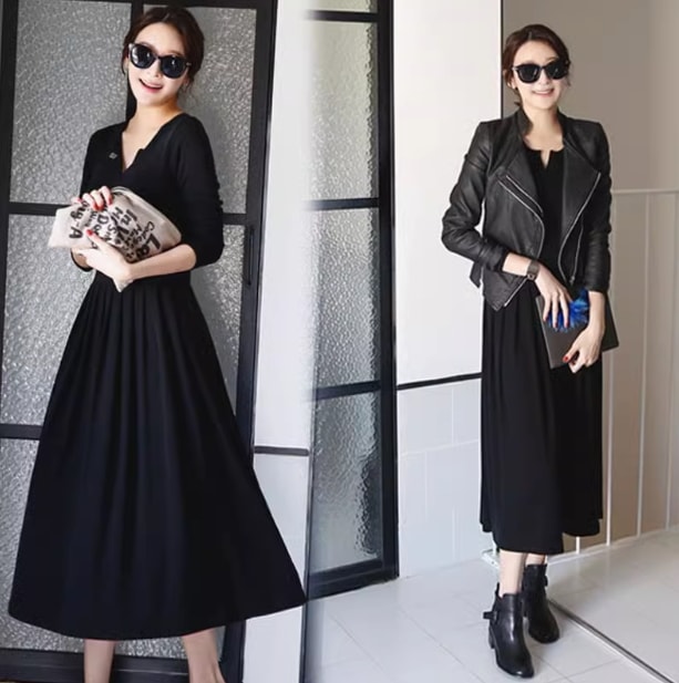 ワンピース ロングワンピース 長袖 Vネック ロング丈 ウエストマーク かわいい 大人可愛い きれいめ シンプル 上品 おしゃれ かっこいい レトロ ラフ ルーズ こなれ感 個性的 主役級 存在感