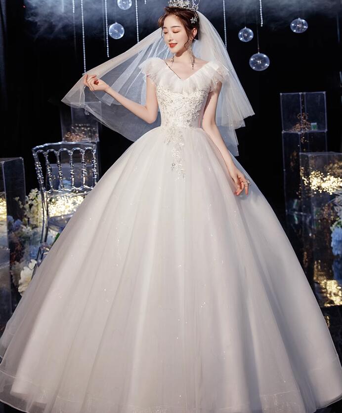 ウエディングドレス ロング マキシ丈 ウエディングドレス Ｖネック ネックにフリル 可愛い フォマール ドレス 結婚式 披露宴 花嫁 ドレス 前撮り Ａライン ふわふわ ボリューム ドレス お花 ビー