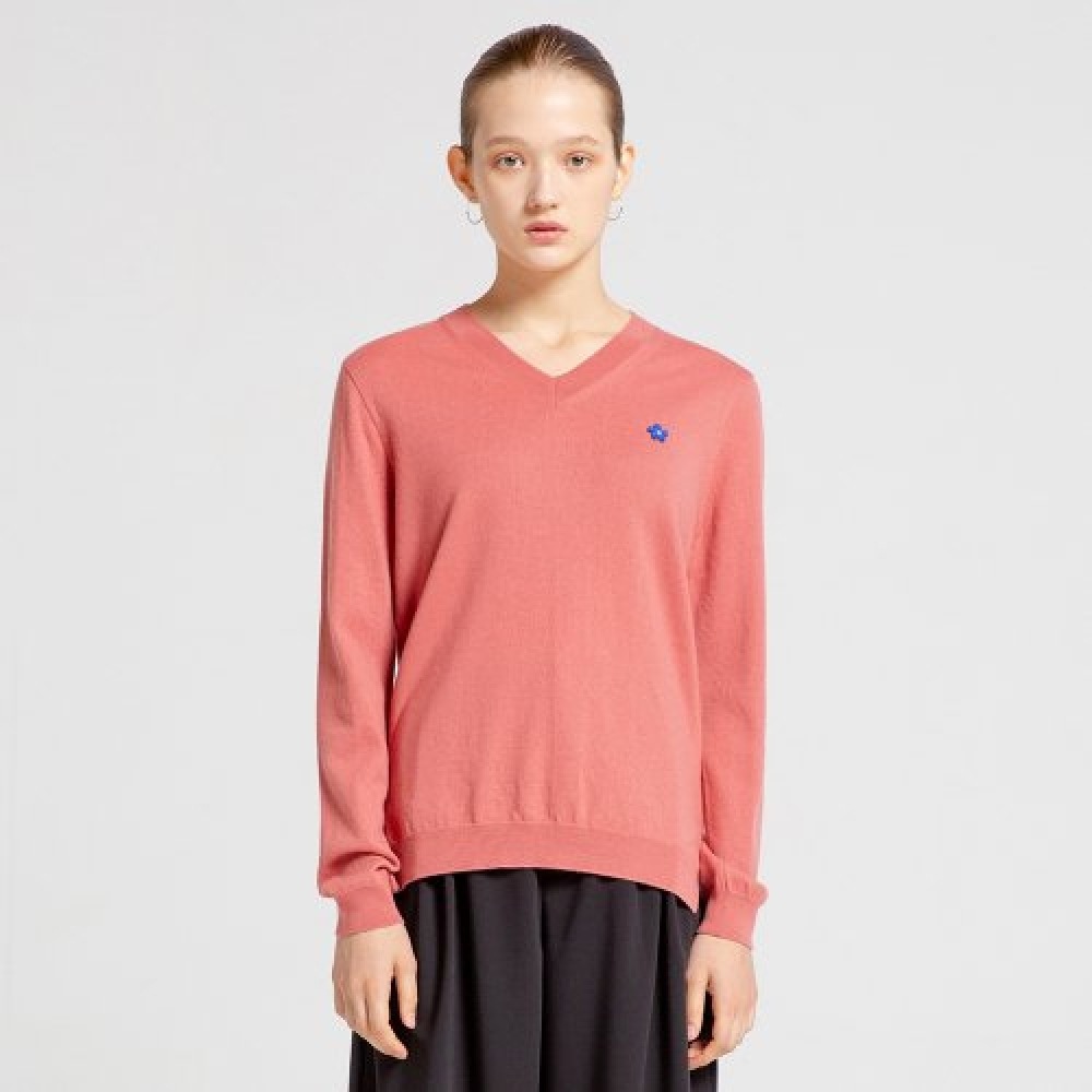 ヴィアボンデヴィア 100% ウールフラワー Vネックニット (ピンク)