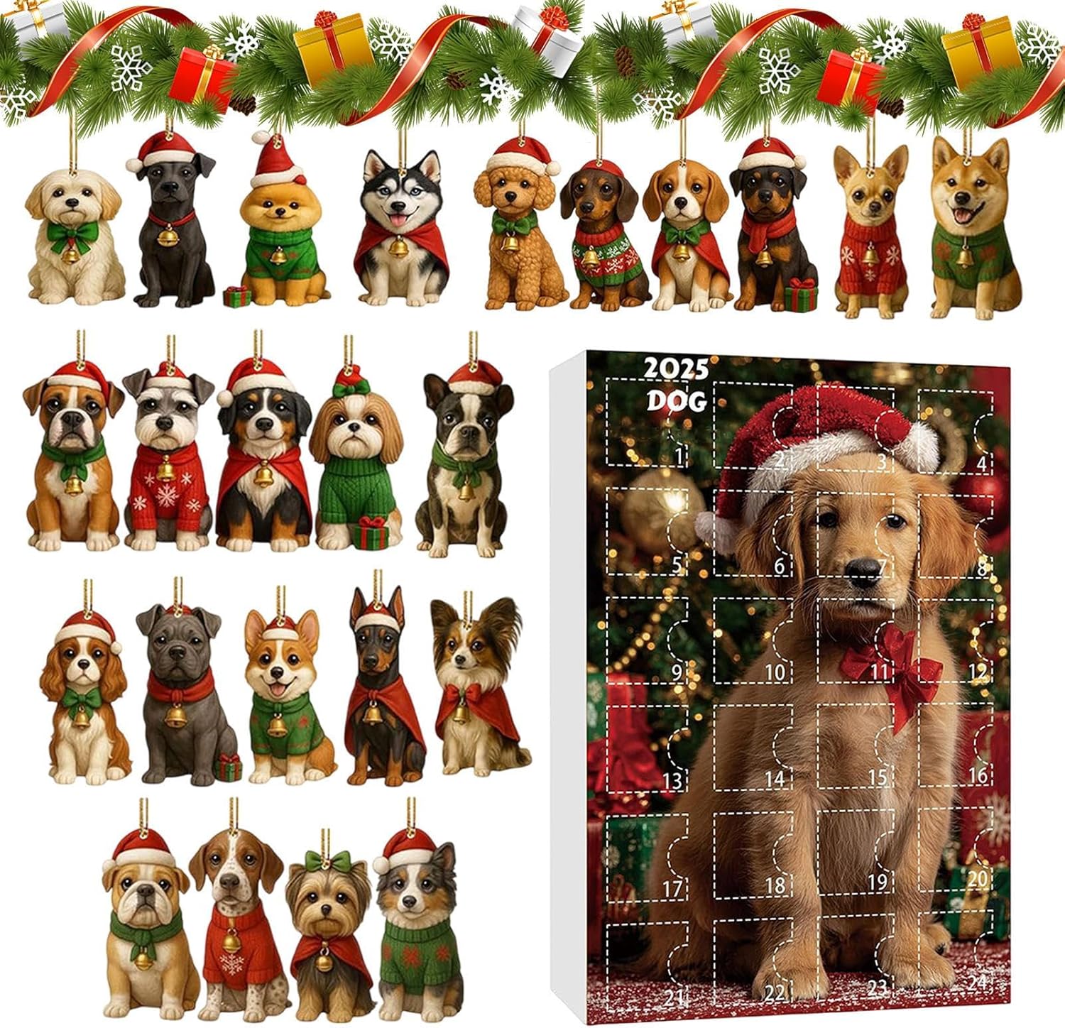 犬のアドベントカレンダー2025 2dアクリル犬の装飾24日間の犬のクリスマス装飾品かわいい犬のペンダントアドベントカレンダーツリー在宅ホリデーウィンドウドアウォール