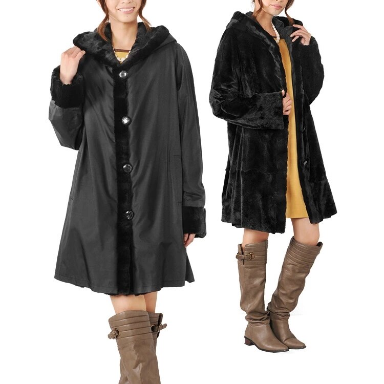 シルク100％リバーシブルコートフード付ウィーゼルブラック