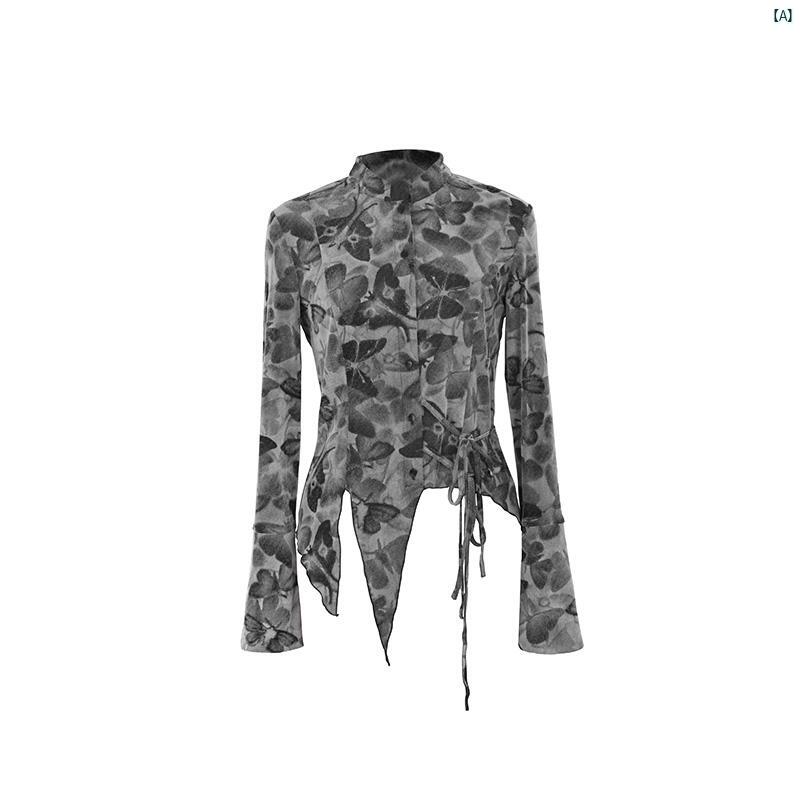 レディース　レディース　ファッション　オシャレ　　モダン　海外風 蝶 シャツ レディース 秋 中華風 レトロ クール スタンドカラー トップ