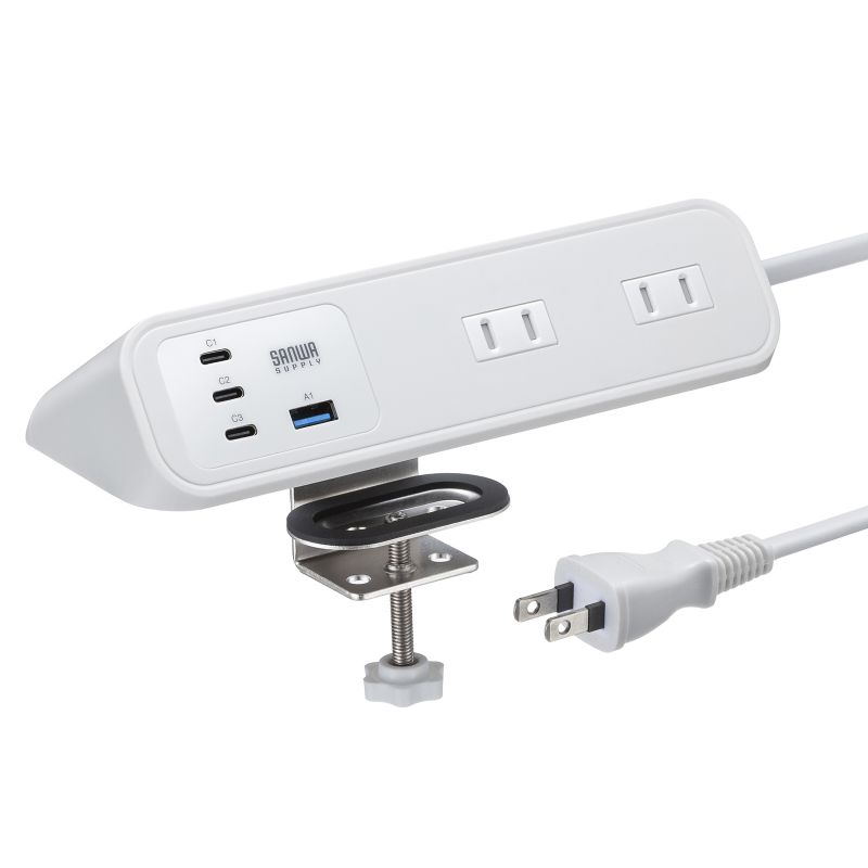 サンワサプライ TAP-B114UC-2W クランプ固定式タップ（AC4個口＋USB-C×3＋USB-A×1・PD65W・2m・ホワイト） TAPB114UC2W