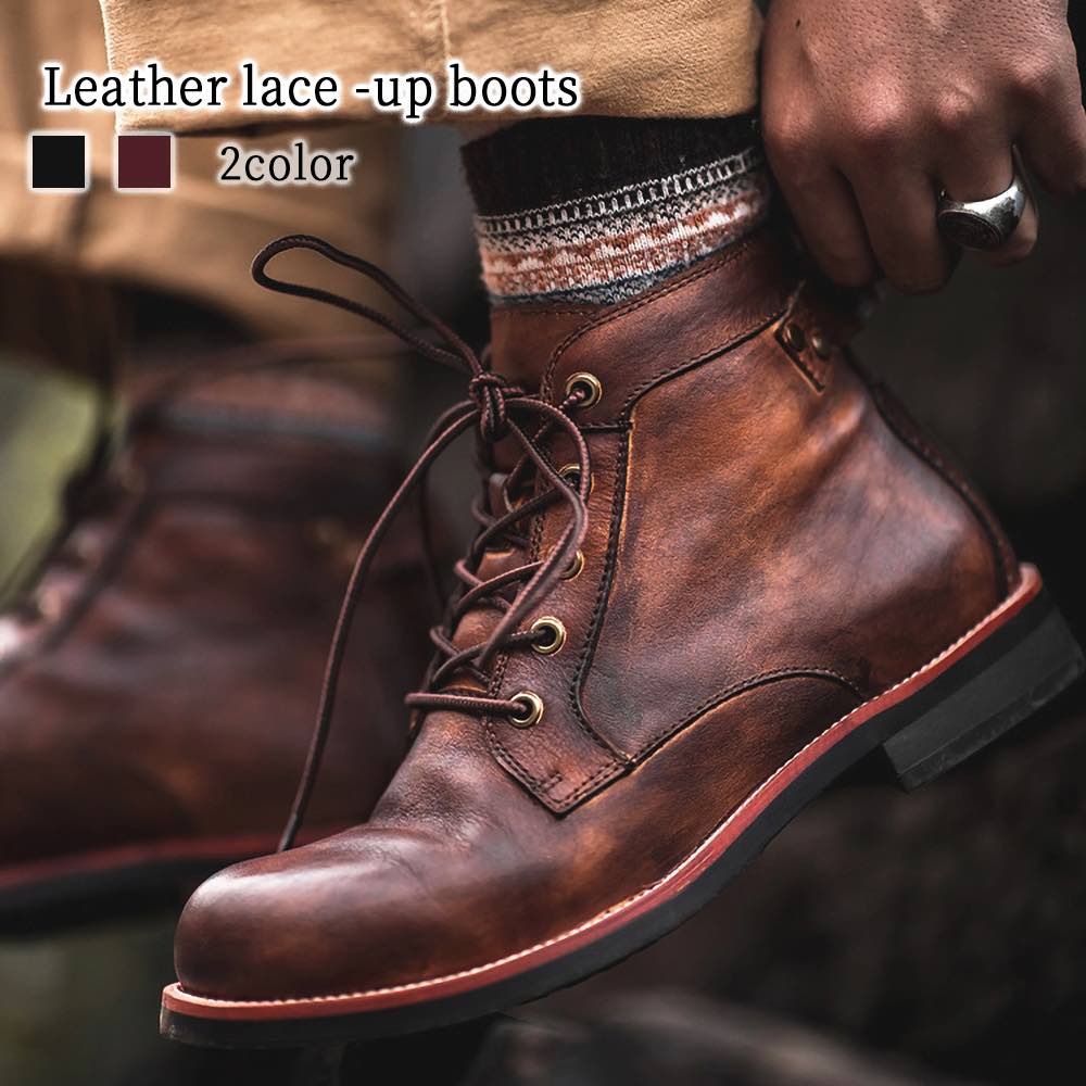 ブーツ メンズ レザーレースアップブーツ 完全 シューズ 冬 フロント ルーム 秋 モード ブーツハイカット ブランド 幅広 滑らない 靴 夏 軽い 春 セット 黒 革 洗える レザー ワーク ジッパ