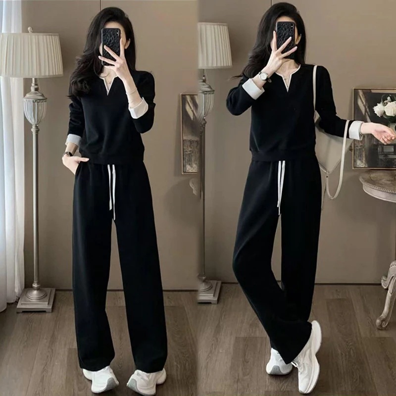 韓国 セットアップ Vネック 長袖 薄手 ワイドパンツ スポーツ・スーツ レディース 春秋 一式