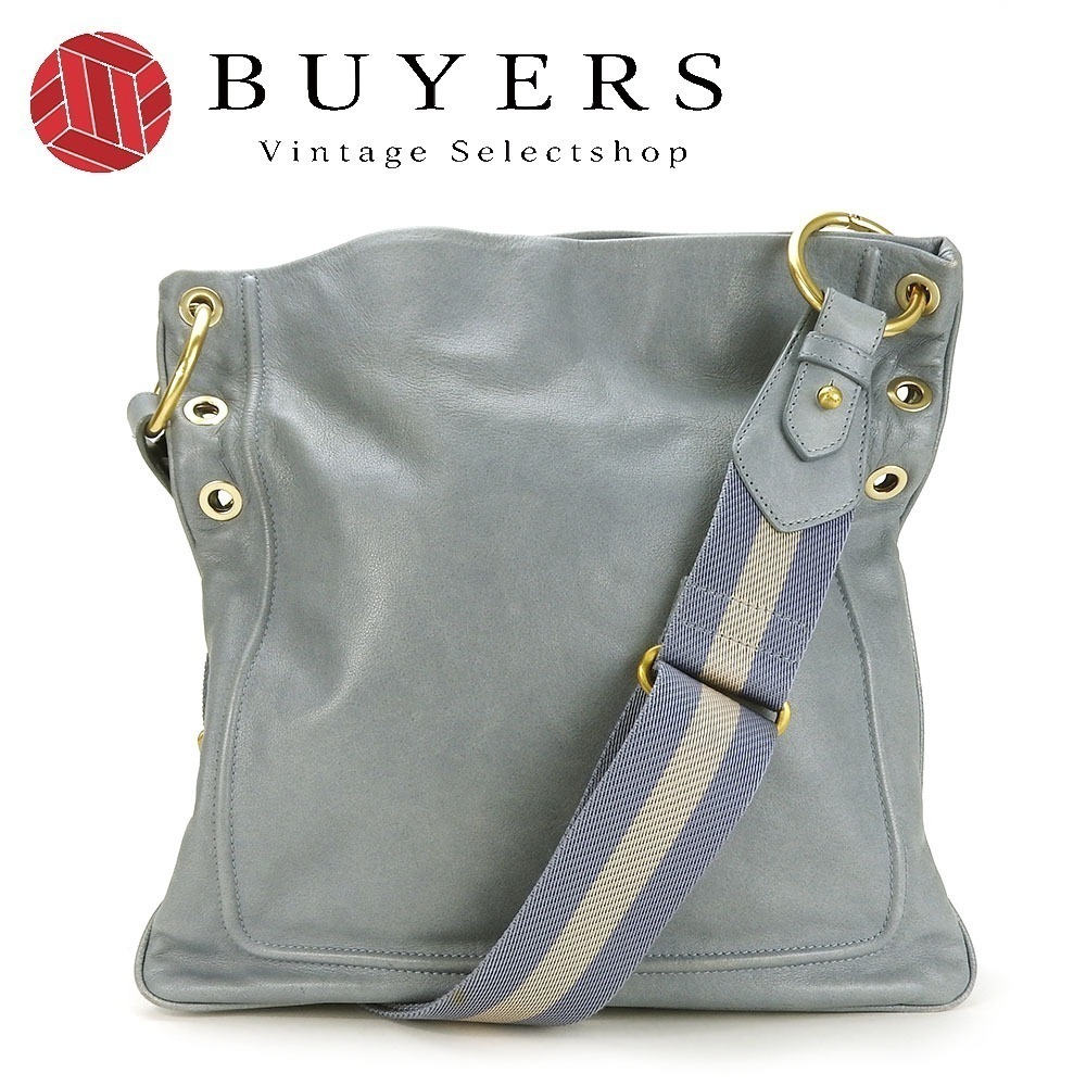 中古 ショルダーバッグ レザー ライトブルー ゴールド金具 肩掛け 斜め掛け カジュアル レディース 女性
