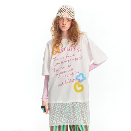 レース配色ビンテージ半袖Tシャツ