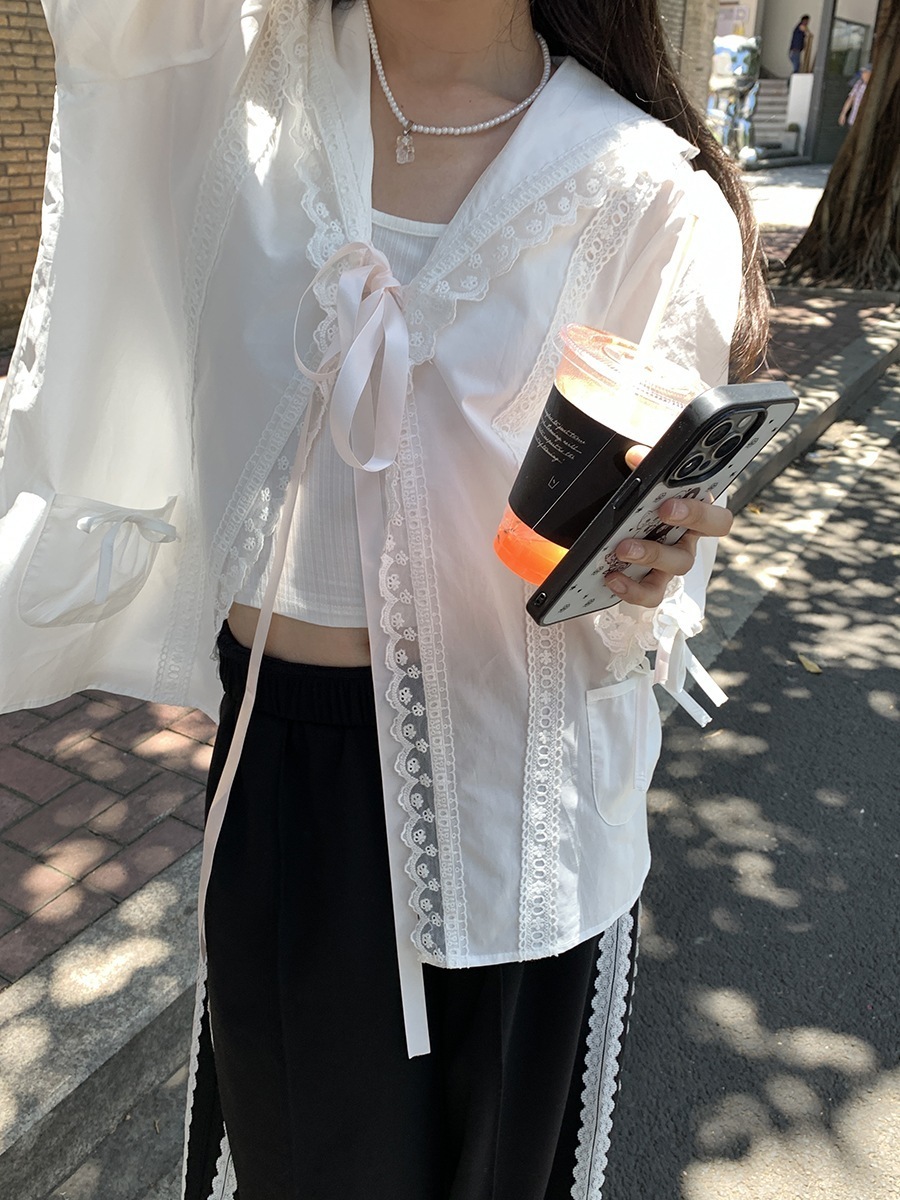 女性用パレススタイルレーススプライシングシャツジャケット2024スイートサンプロテクションカーディガン