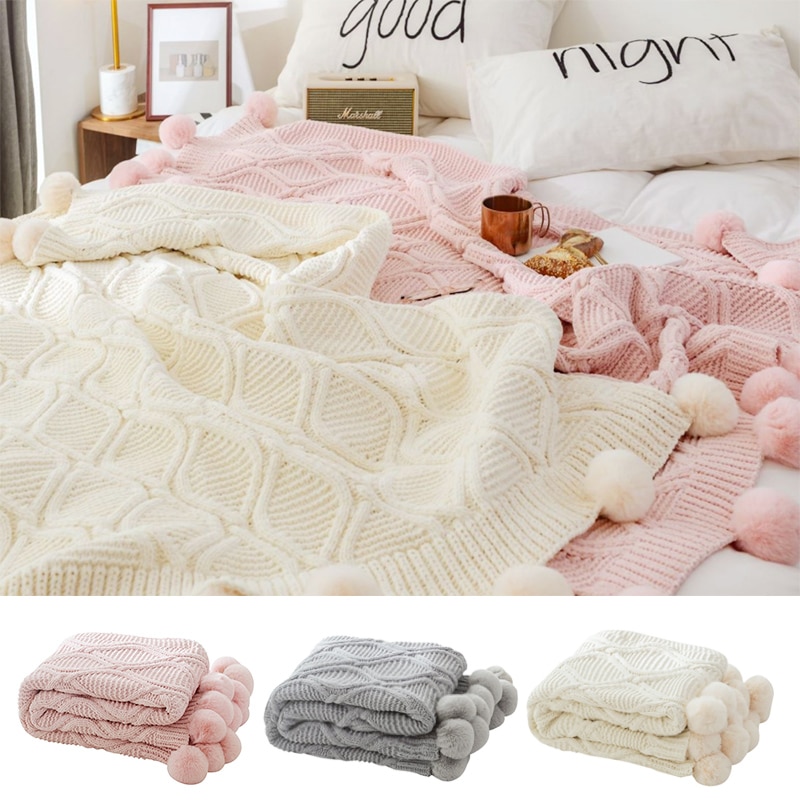 北欧風シェニール織りポンポン付きブランケット ニットブランケット 厚手タイプ 160cm*130cm