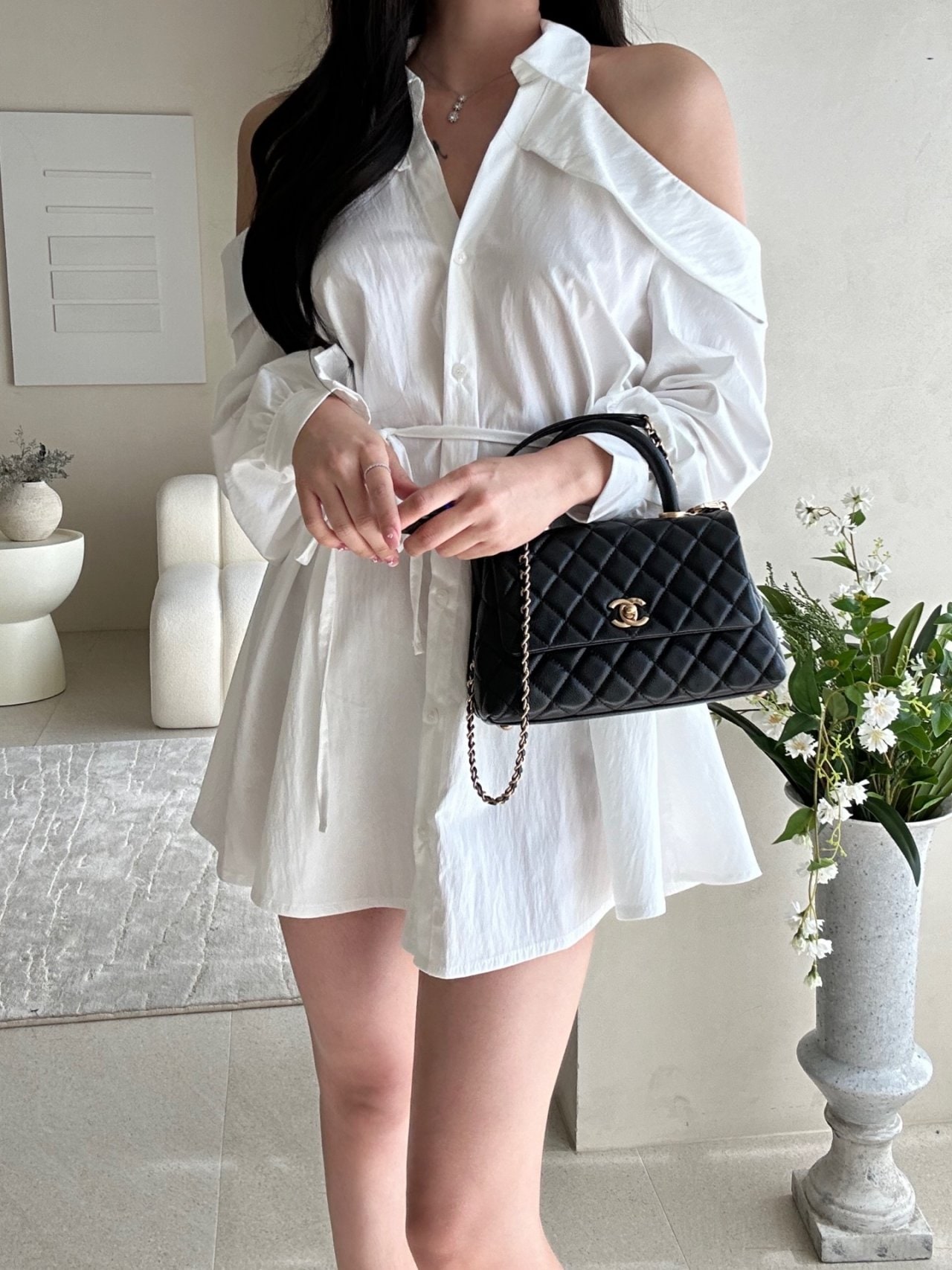 オフショルダーシャツミニワンピース