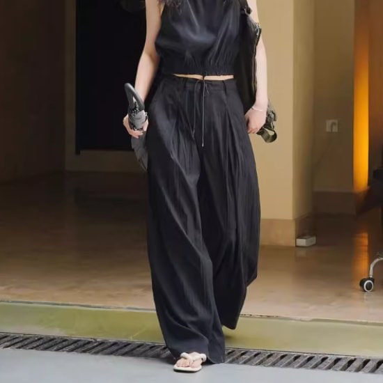 ワイドパンツ レディース ボトムス ロングパンツ 長ズボン ハイウエスト ワイドレッグ ルーズ シンプル 無地 カジュアル お出かけ おしゃれ タック ポケット ウエストドローストリング
