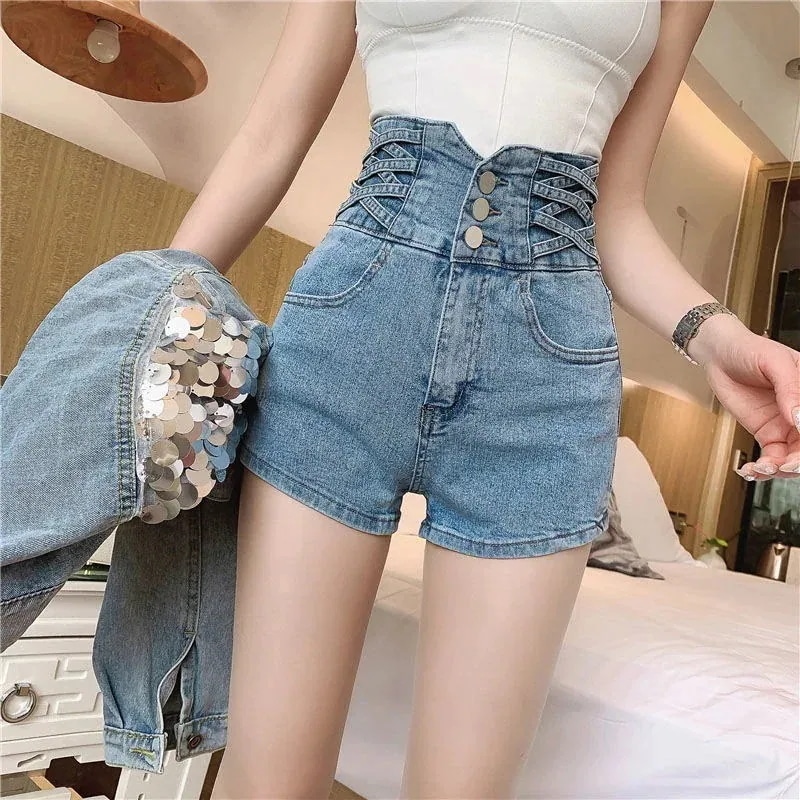 ボトムス レディース ハイウエスト デニム ショートパンツ ショート丈 パンツ サイドポケット カジュアル 可愛い おしゃれ ガーリー スタイルアップ かわカジ 韓国 かっこいい！スラックスパンツ 脚
