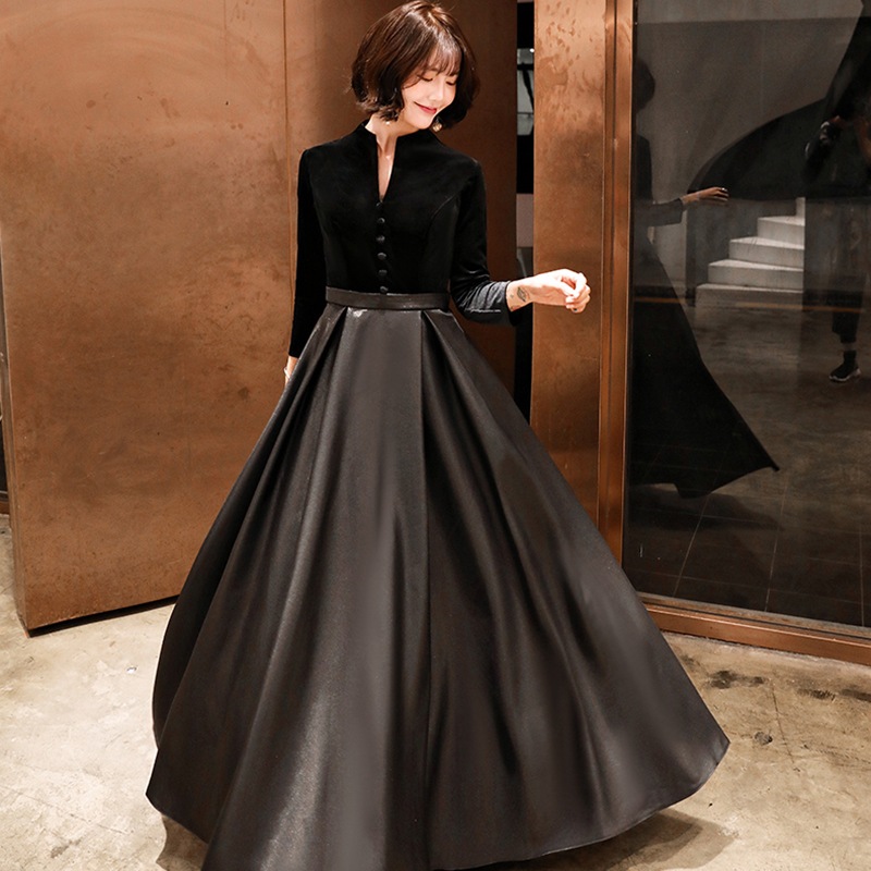 ブラックドレス2025スプリングビッグスカートドレス気質長いスタイルは平日に着用できます