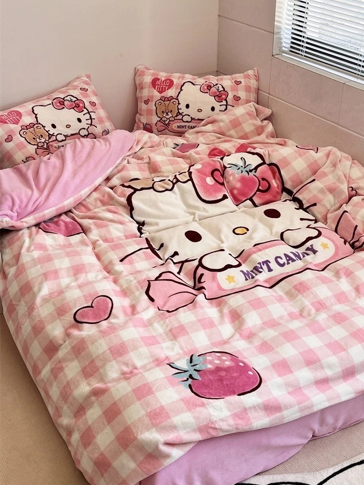 ハローキティ ミルクベルベット 4点セット 二層厚手 冬暖かいベルベット スイートドミトリー