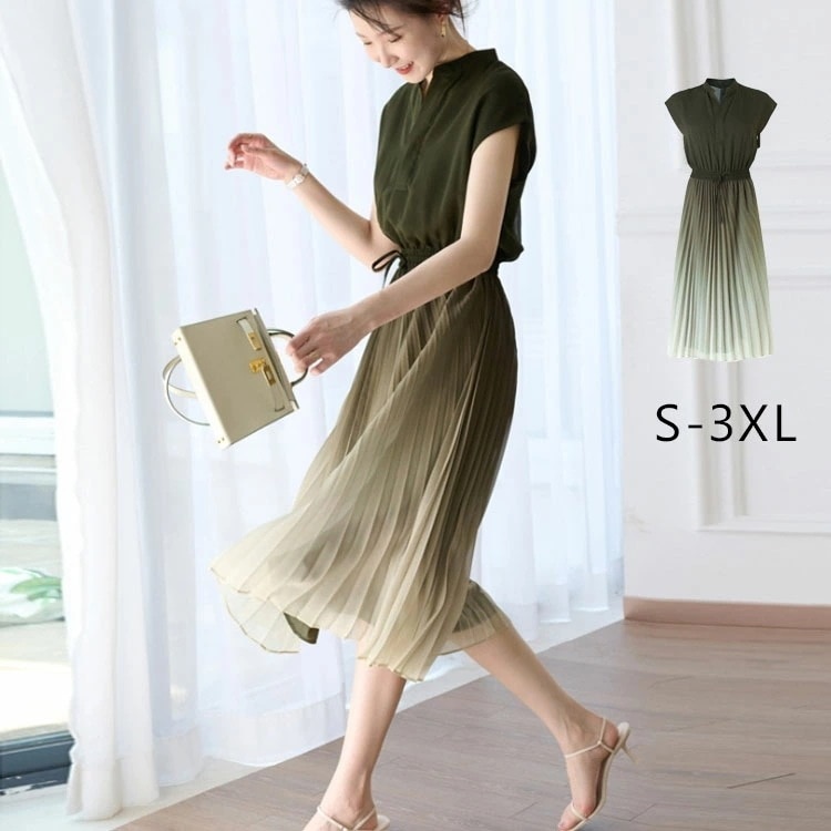 【2025新作】ロング ワンピース レディース プリーツ切り替え 夏 マキシワンピース 半袖 フレンチ袖 フレンチスリーブ Aライン ワンピース フレアスカート 大人 30代 40代 50代 60代