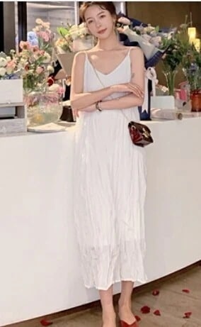 しわ加工キャミソールワンピース ワンピース ミモレ丈 袖なし l Vネック セミフレア 大人可愛い 大人 無地 春 夏 10代 20代 30代 40代 デート お出かけ S M L ホワイト