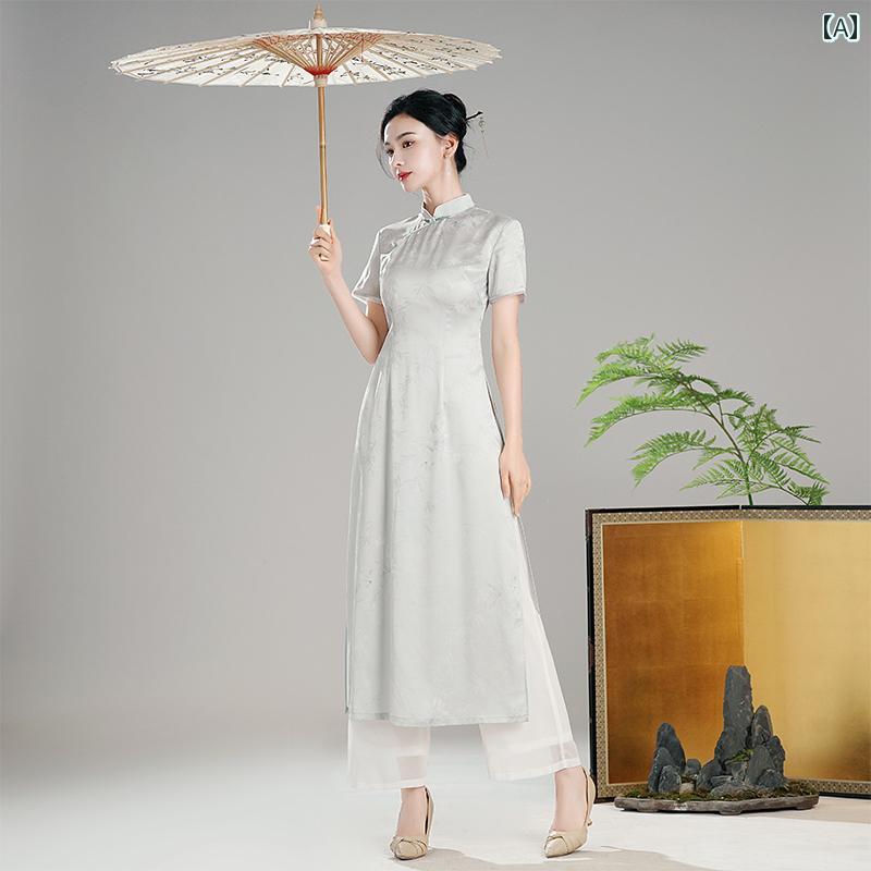 アオザイ チャイナドレス レディース 唐 夏 フェイク アセテート 茶師 薄手 ロング トップス グレー