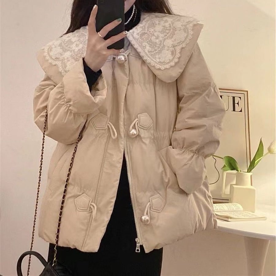 秋冬新作レースドールカラーパッド入り薄手ダウンジャケット