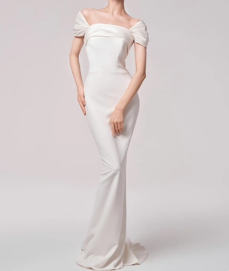 ウェディングドレス オフショルダー マーメイドライン 光沢サテン 披露宴