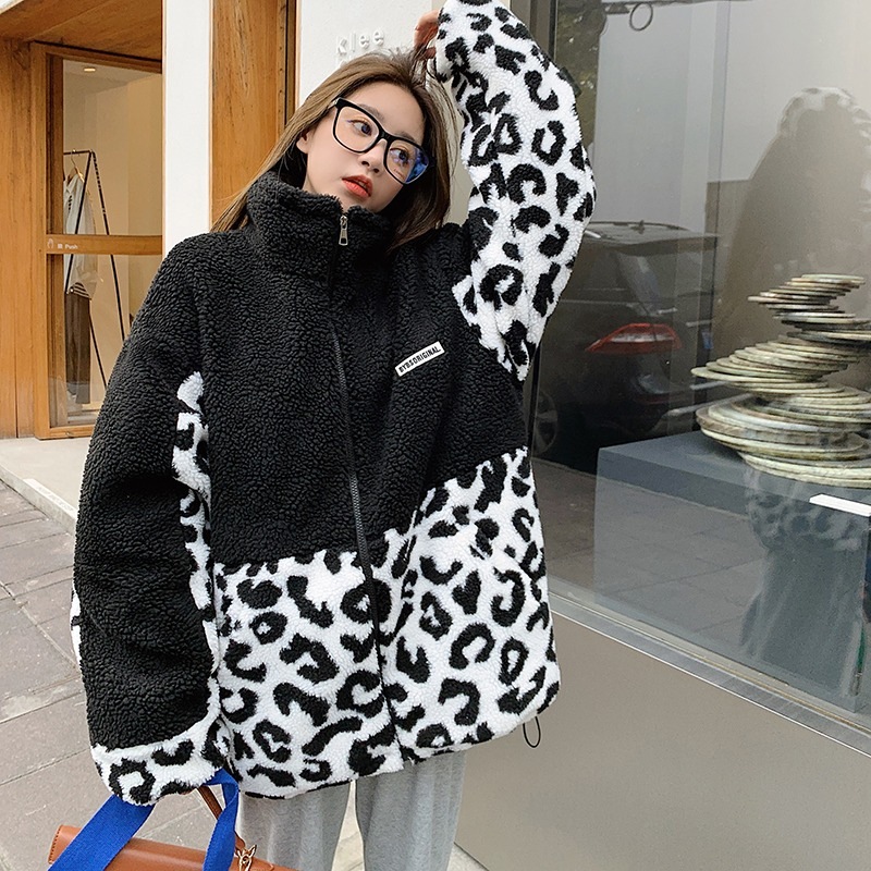 店舗良い ヒョウラムウールジャケットコートフルジップレディース厚手の冬韓国ルースふわふわ ジャンパー ブルゾン Size S Shop Beepag It