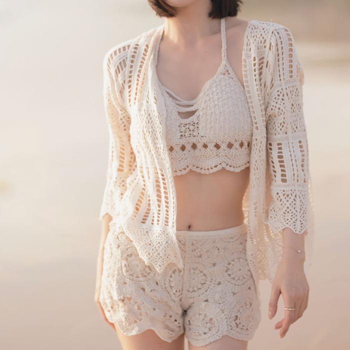 レディース ファッション 水着 ビーチ バケーション カーディガン ニット スリング 胸パッド付き 旅行用 3点 セット 女性 夏 リゾート